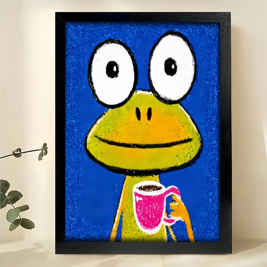 Playful Cartoon Mini Illustration – Cheerful Tiny Wall Art on Natural Wood Canvas | W686