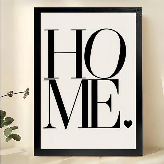 HOME Bold Typography – Modern Minimalist Heart Wall Art on Natural Wood Canvas | W2032
