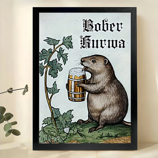 The Beer Beaver Bober Kurwa – Retro Humorous Wall Art on Natural Wood Canvas | W657