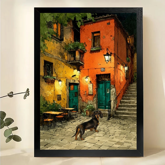 Mediterranean Town Dachshund Wall Art – Warm European Street Landscape Framed Painting | W2188