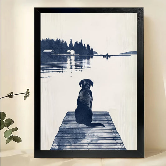 Dog on Dock Lake Landscape Wall Art – Vintage Black & White Dog Canvas Print | W2092