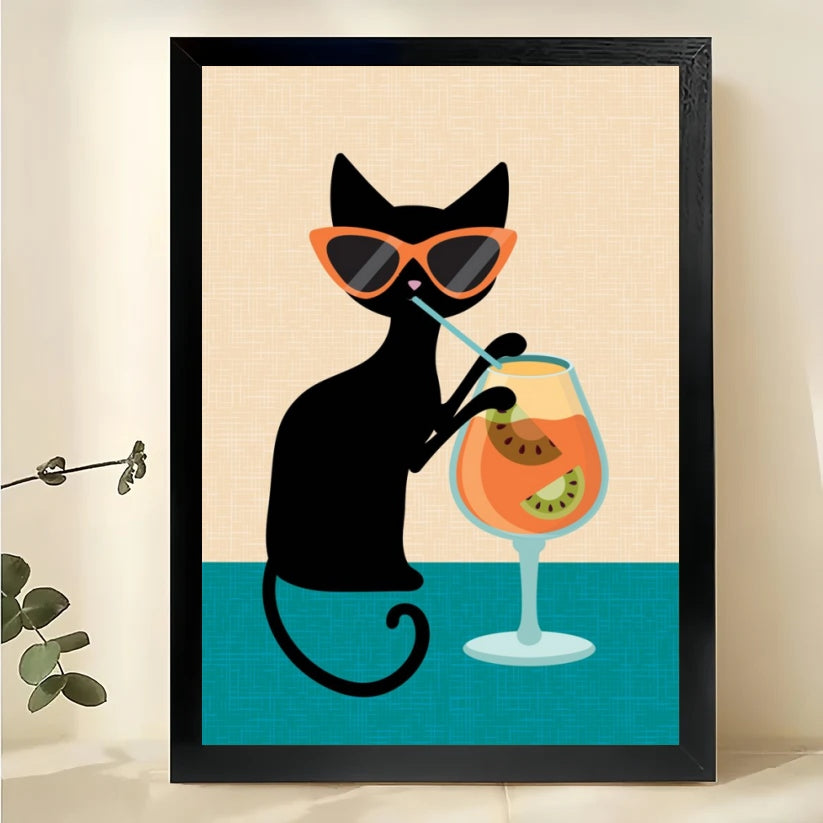 Tropical Cat Cocktail – Stylish Black Cat Wall Art on Natural Wood Canvas | W2008