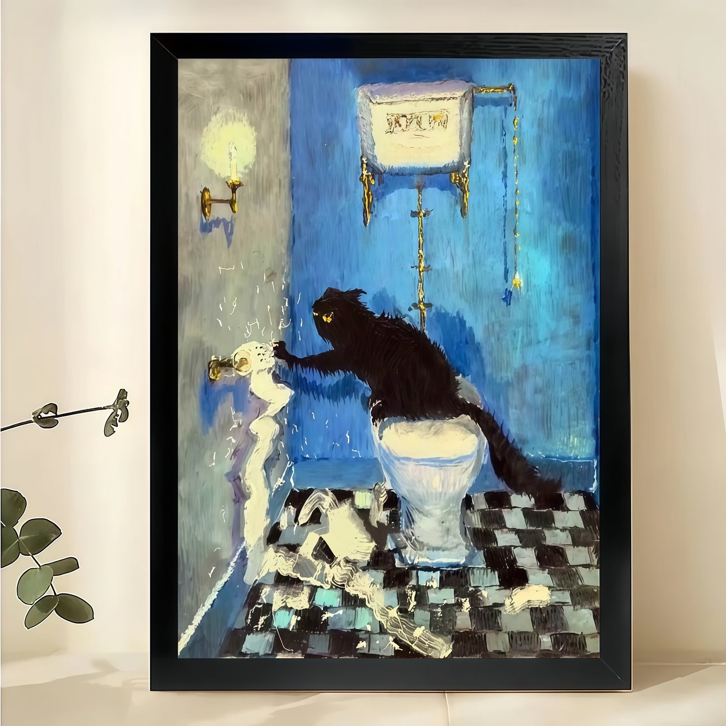 Black Cat Flushing Toilet – Humorous Bathroom Art Parody Wall Art on Natural Wood Canvas | W848