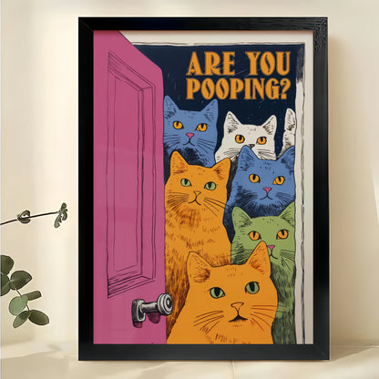 Are You Pooping? Colorful Cat Group – Humorous Bathroom Wall Art on Natural Wood Canvas | W822