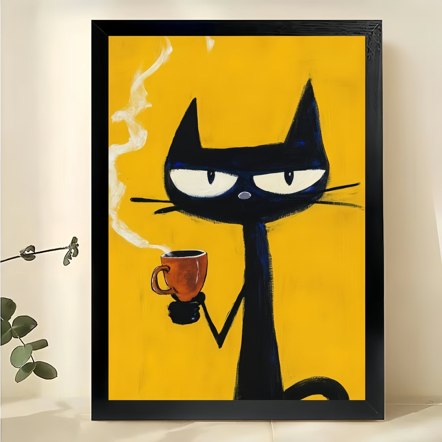 Retro Sassy Black Cat with Coffee Cup – Bold Yellow Background Wall Art on Natural Wood Canvas | W720