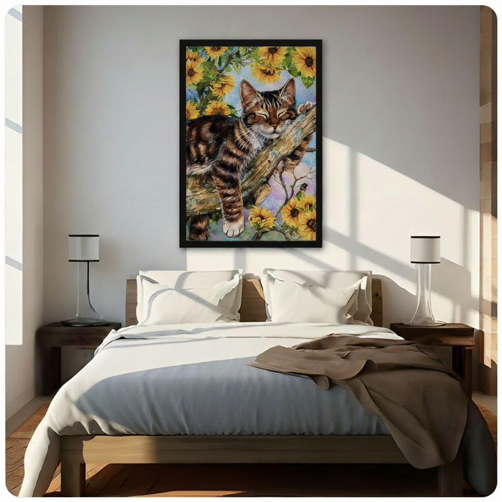 Cat sunflower canvas art above bed – bedroom gallery wall