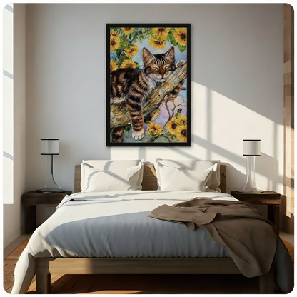 Cat sunflower canvas art above bed – bedroom gallery wall