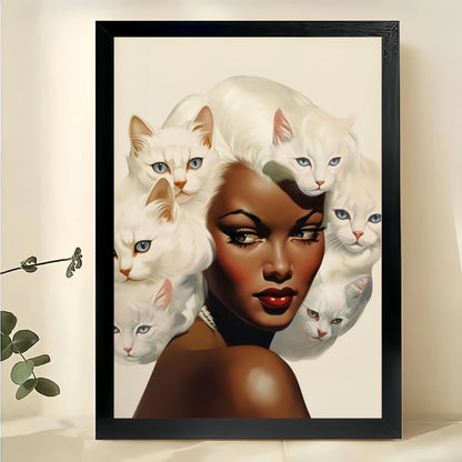 Cat Hair  Woman Portrait – Surreal Art Parody Wall Art on Natural Wood Canvas | W932