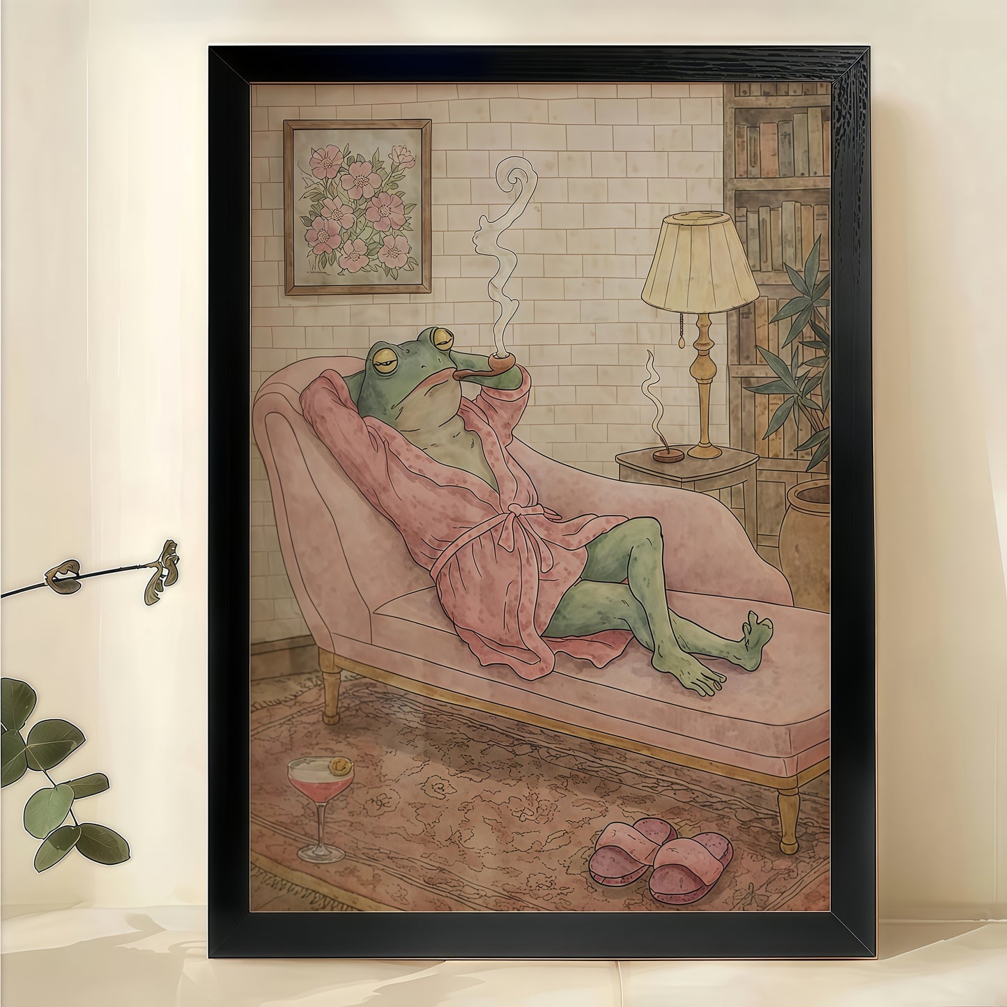 Frog in Pink Robe on Lounge Chair – Retro Whimsical Wall Art on Natural Wood Canvas | W967