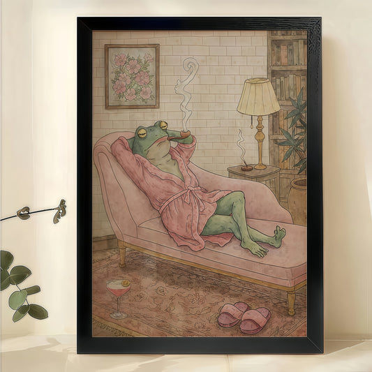 Frog in Pink Robe on Lounge Chair – Retro Whimsical Wall Art on Natural Wood Canvas | W967