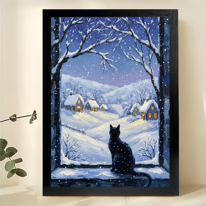 The Snowy Window Black Cat – Cozy Winter Wall Art on Natural Wood Canvas | W638