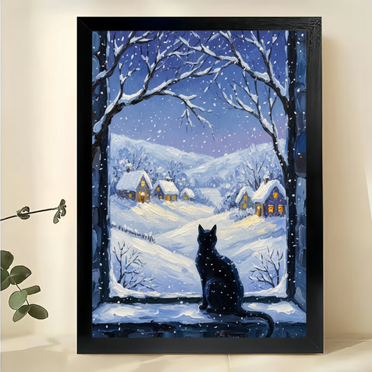 The Snowy Window Black Cat – Cozy Winter Wall Art on Natural Wood Canvas | W638