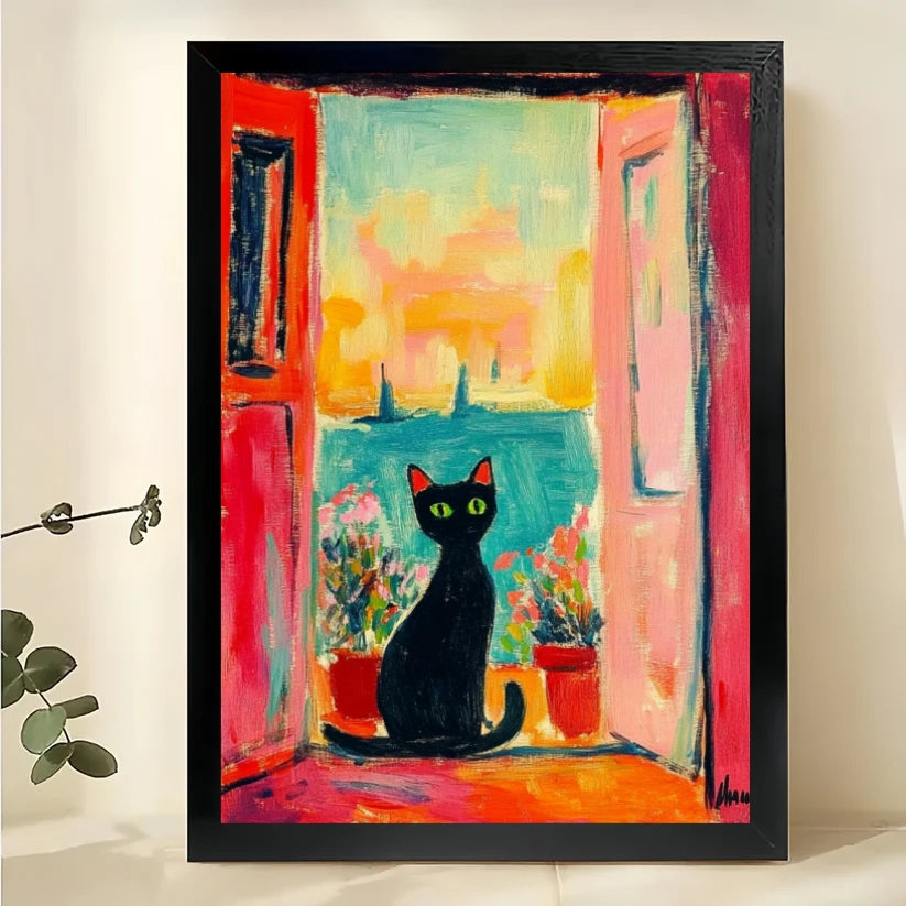 Vibrant Black Cat Balcony Sea View Wall Art – Colorful Fauvist Style Framed Canvas | W2303