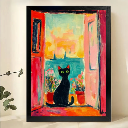 Vibrant Black Cat Balcony Sea View Wall Art – Colorful Fauvist Style Framed Canvas | W2303