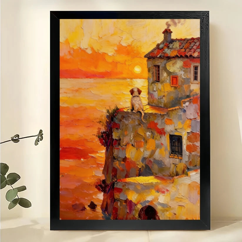 Sunset Seaside Dog Wall Art – Warm Impressionist Dog Canvas Print on Natural Wood Frame | W2408