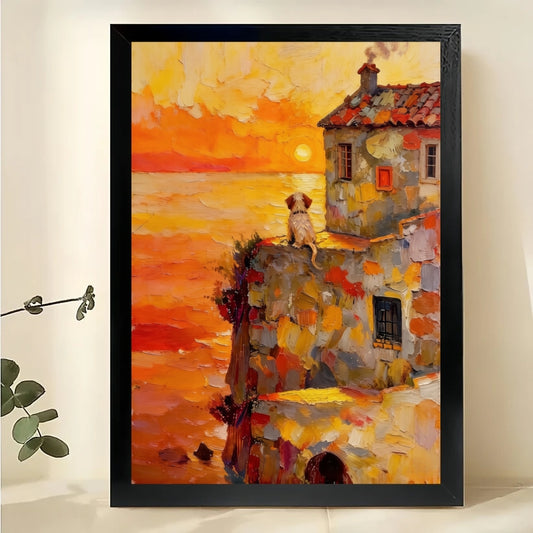 Sunset Seaside Dog Wall Art – Warm Impressionist Dog Canvas Print on Natural Wood Frame | W2408