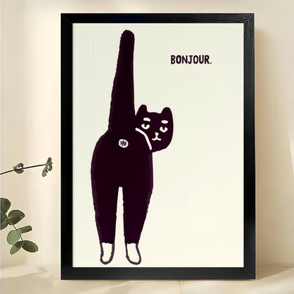 Bonjour Long Leg Black Cat – Minimalist Whimsical Wall Art on Natural Wood Canvas | W922