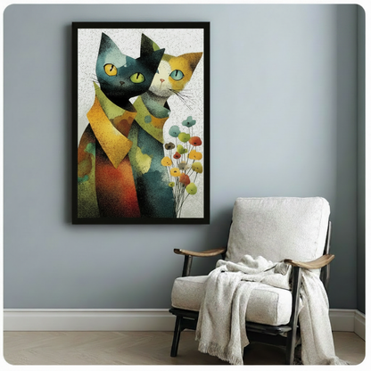 Framed abstract two cats colorful poster on blue-grey wall beside white linen armchair