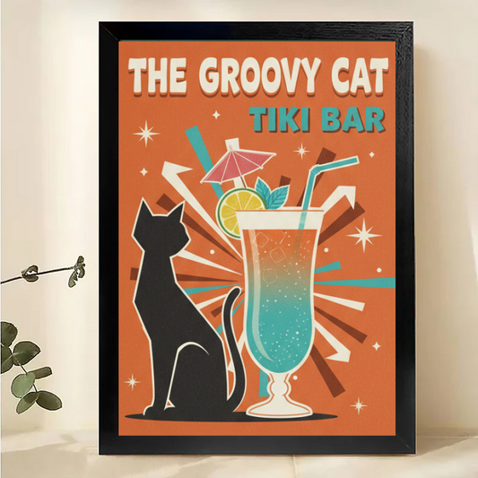 Retro Tiki Bar Cat Art - Vintage Tropical Wall Decor Print|W1005