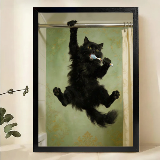 Black Cat Brushing Teeth Wall Art – Chaotic Funny Cat Canvas Print on Natural Wood Frame | W2267
