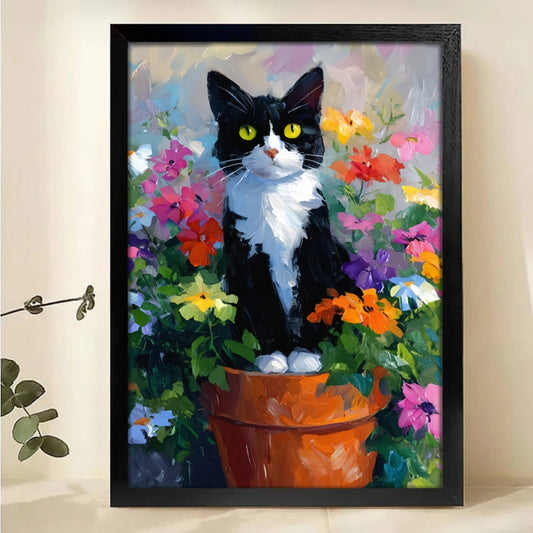 Tuxedo Cat in Flower Pot Canvas Wall Art - Colorful Garden Print|W1158