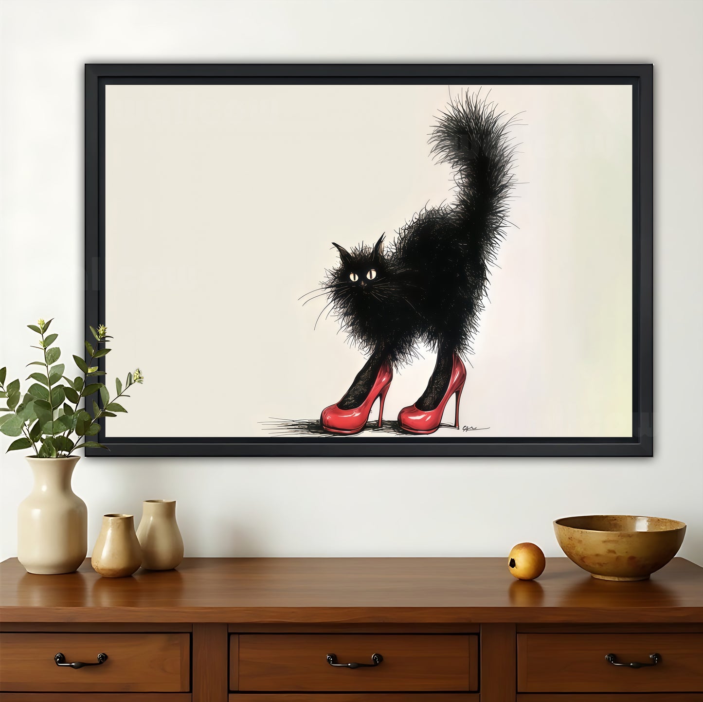 The Red-Heeled Black Cat – Retro Playful Wall Art on Natural Wood Canvas | W608