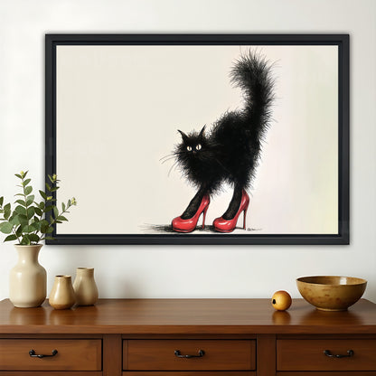The Red-Heeled Black Cat – Retro Playful Wall Art on Natural Wood Canvas | W608
