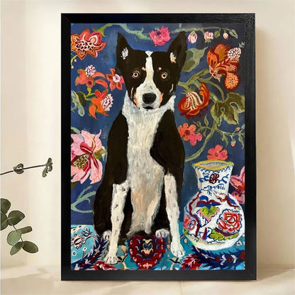 Dog with Floral Garden Wall Art - Colorful Portrait Print|W1291