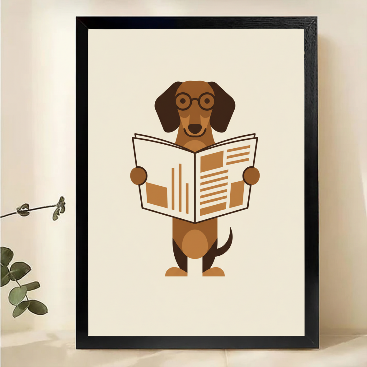 Dachshund Reading Newspaper Wall Art - Minimalist Dog Print|W1257