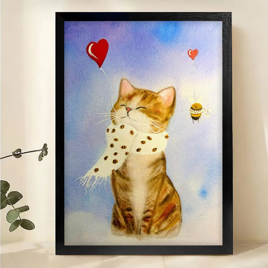 Cat with Heart Balloons Watercolor Art - Whimsical Bee and Kitten Print|W1155