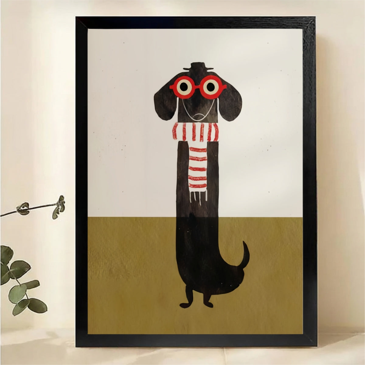 Hipster Dachshund in Glasses and Scarf Wall Art - Minimalist Illustrated Canvas Print|W1406