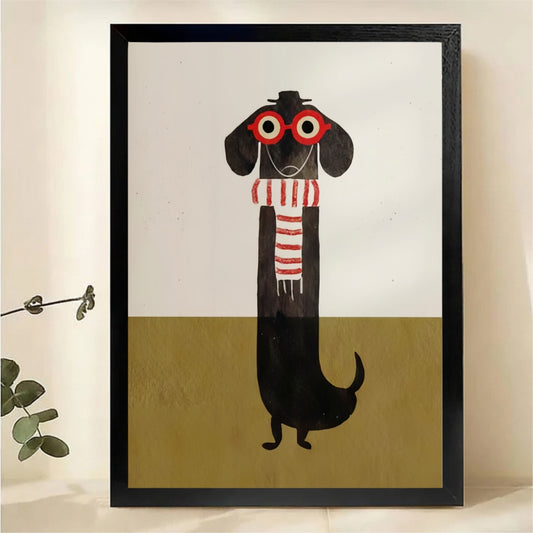 Hipster Dachshund in Glasses and Scarf Wall Art - Minimalist Illustrated Canvas Print|W1406
