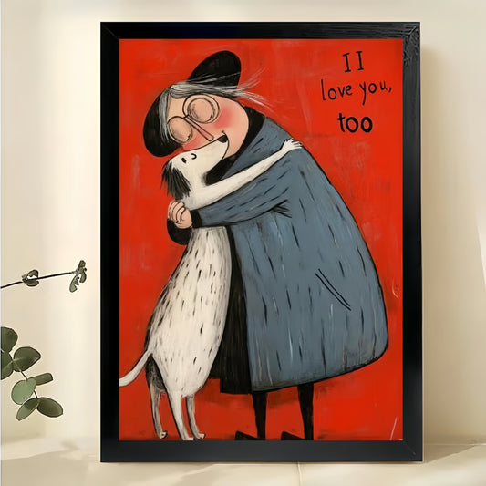 The I Love You 100 Hugging Figure & Dog – Warm Retro Wall Art on Natural Wood Canvas | W617