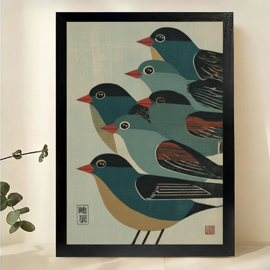 Japanese Style Songbirds Wall Art – Minimalist Woodblock Bird Canvas Print on Natural Wood Frame | W2324