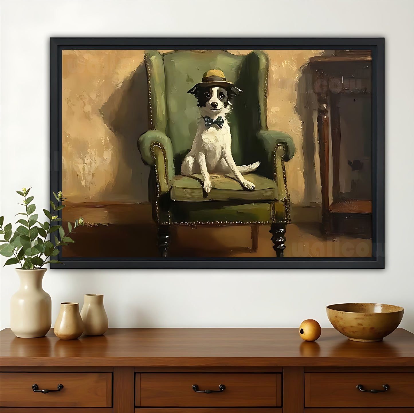 The Gentleman Pup on Green Chair – Vintage Elegant Wall Art on Natural Wood Canvas | W598