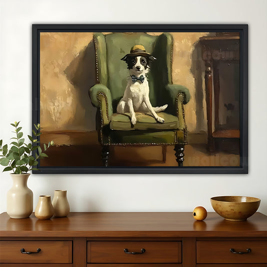 The Gentleman Pup on Green Chair – Vintage Elegant Wall Art on Natural Wood Canvas | W598