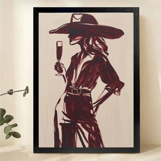 Elegant Woman with Champagne Wall Art - Burgundy Fashion Silhouette Print|W1324