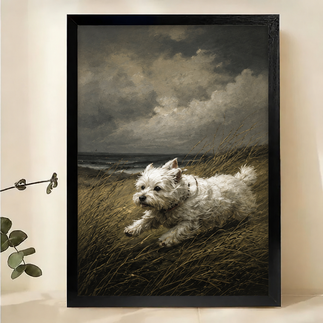 West Highland Terrier Running on the Dunes Wall Art – Dramatic Vintage Dog Canvas Print on Natural Wood Frame | W2283