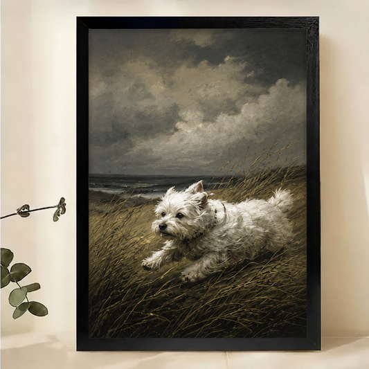 West Highland Terrier Running on the Dunes Wall Art – Dramatic Vintage Dog Canvas Print on Natural Wood Frame | W2283