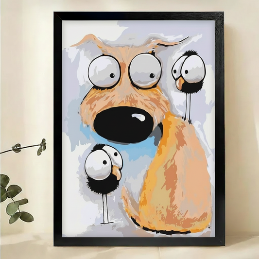 Big-Eyed Dog & Two Funny Birds Wall Art – Whimsical Cartoon Canvas Print on Natural Wood Frame | W2177