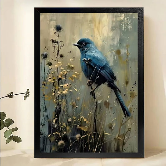 Blue Bird Watercolor Wall Art - Wildflower Nature Print| W1054