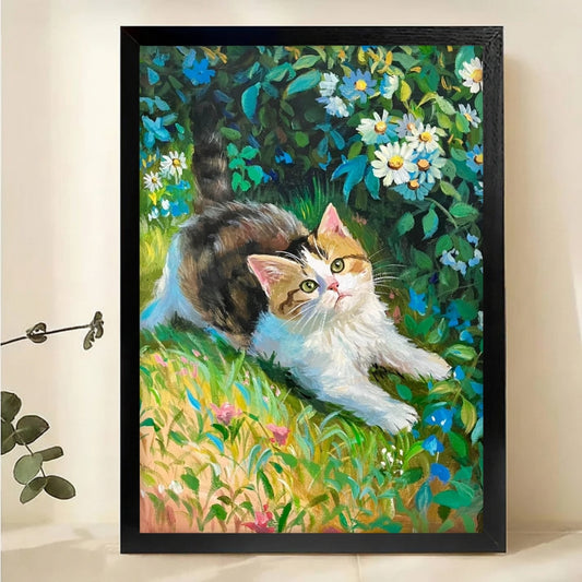 Kitten in Garden Wall Art - Impressionist Floral Canvas Print|W1134