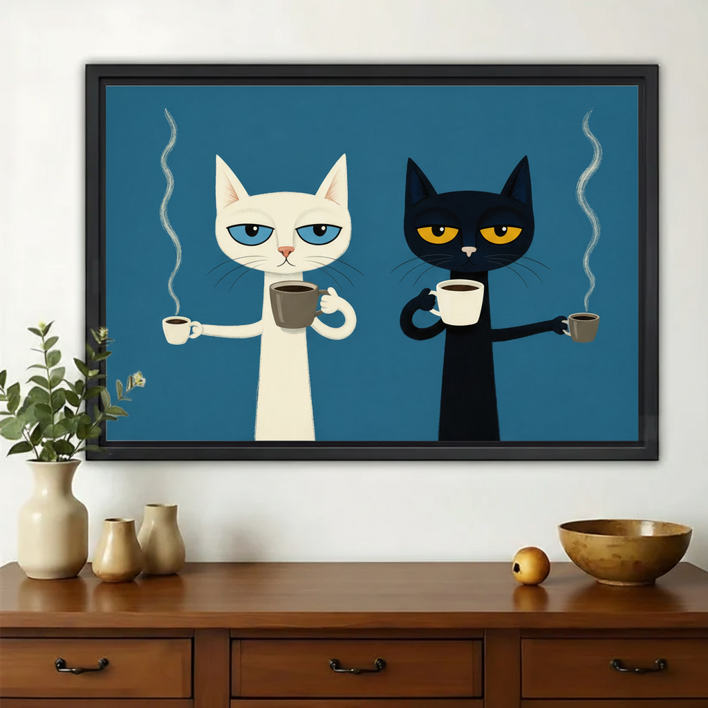 Grumpy White & Black Cats with Coffee Wall Art – Mid-Century Modern Canvas Print on Natural Wood Frame | W2237