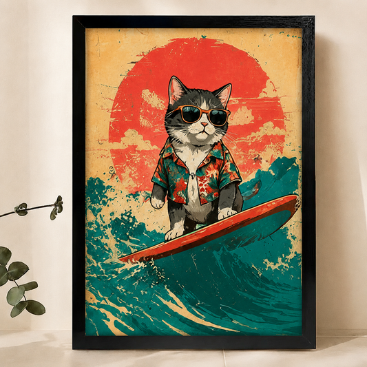 Surfing Cat Wall Art – Retro Vintage Cat Canvas Print on Natural Wood Frame | W2243