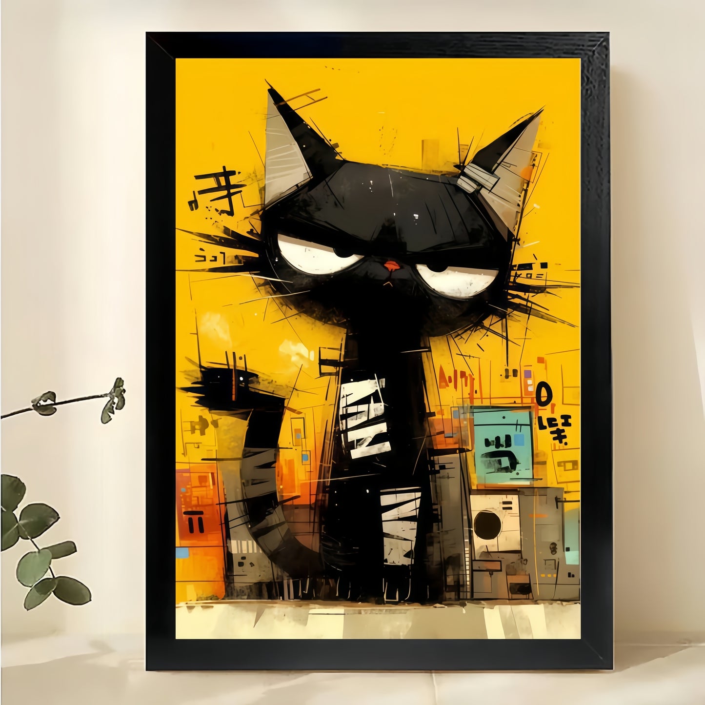The Graffiti-Style Cool Black Cat – Edgy Street Art Wall Decor on Natural Wood Canvas | W605