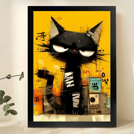 The Graffiti-Style Cool Black Cat – Edgy Street Art Wall Decor on Natural Wood Canvas | W605