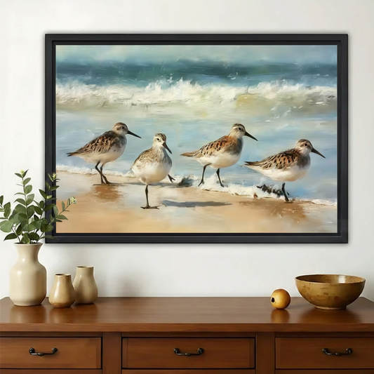 Sandpipers on the Shore Wall Art – Coastal Oil Painting Canvas Print on Natural Wood Frame | W2121
