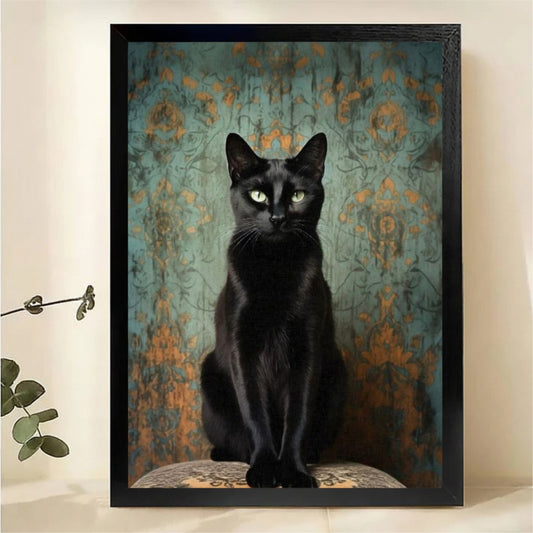 Regal Black Cat Portrait Wall Art - Vintage Damask Background Canvas Print|W1376