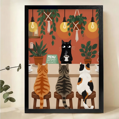 Cats at the Coffee Bar Wall Art – Cozy Boho Illustration Canvas Print on Natural Wood Frame | W2129