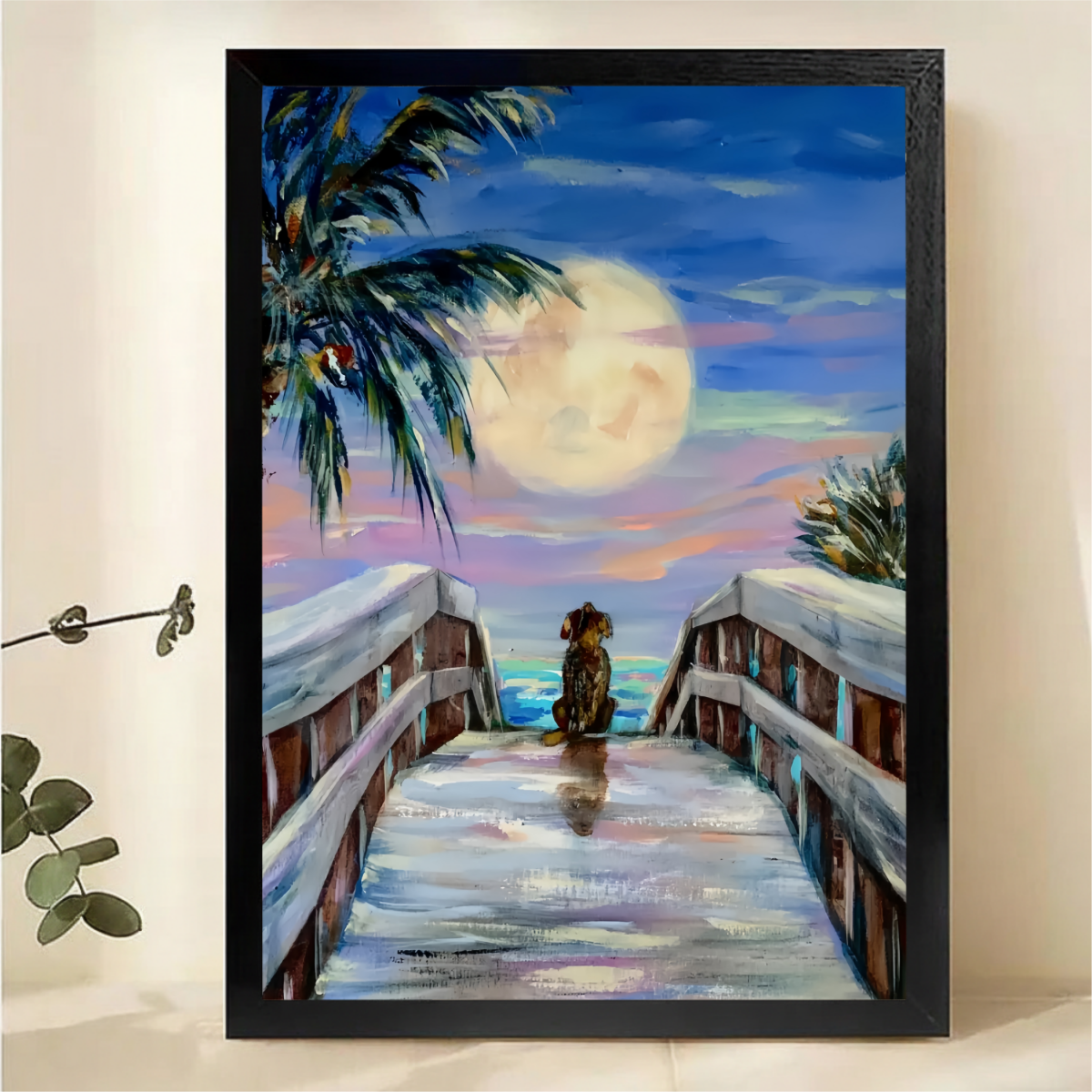 Dog Watching Moon Beach Wall Art - Tropical Sunset Print|W1313